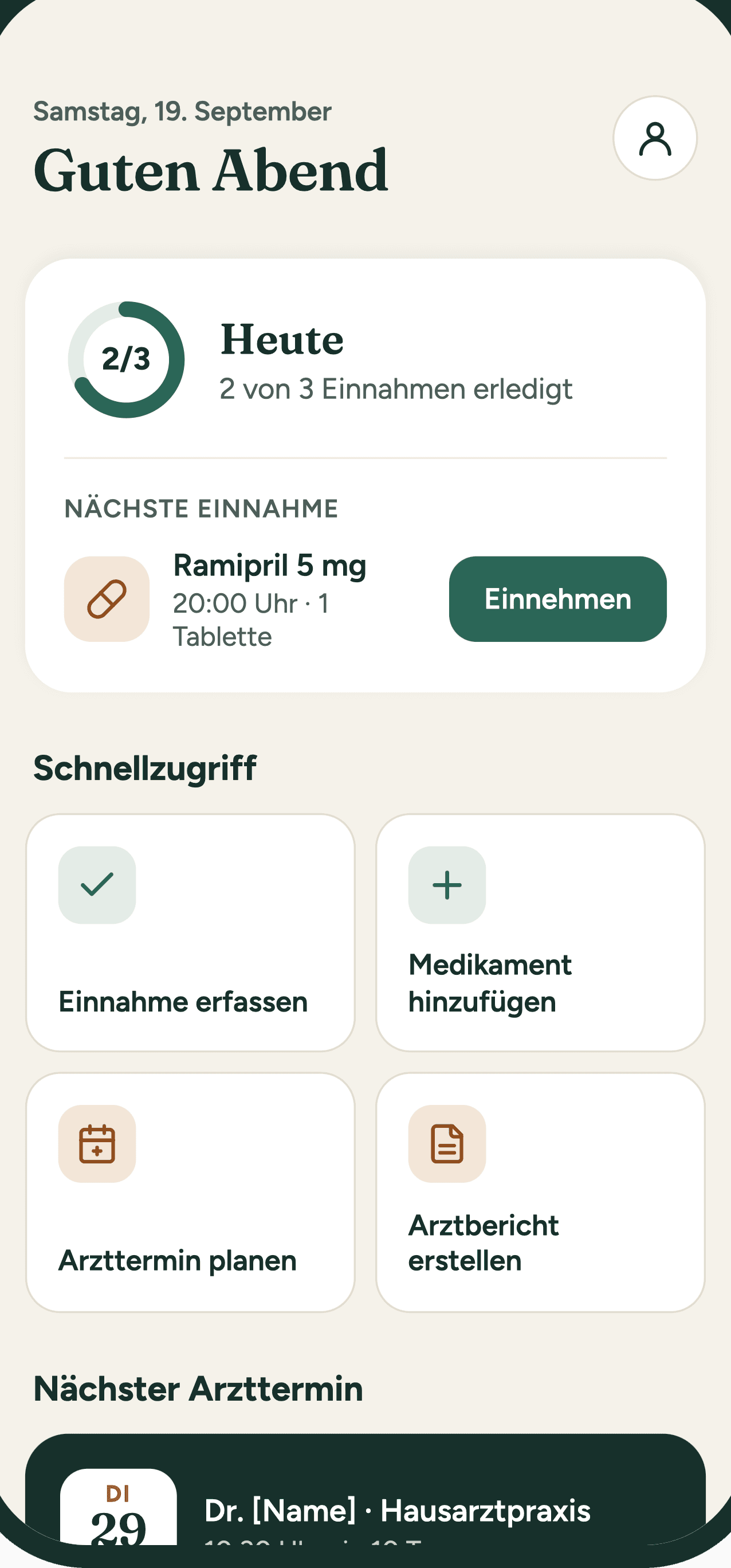 Medivo-Startbildschirm mit heutigen Einnahmen und nächstem Arzttermin